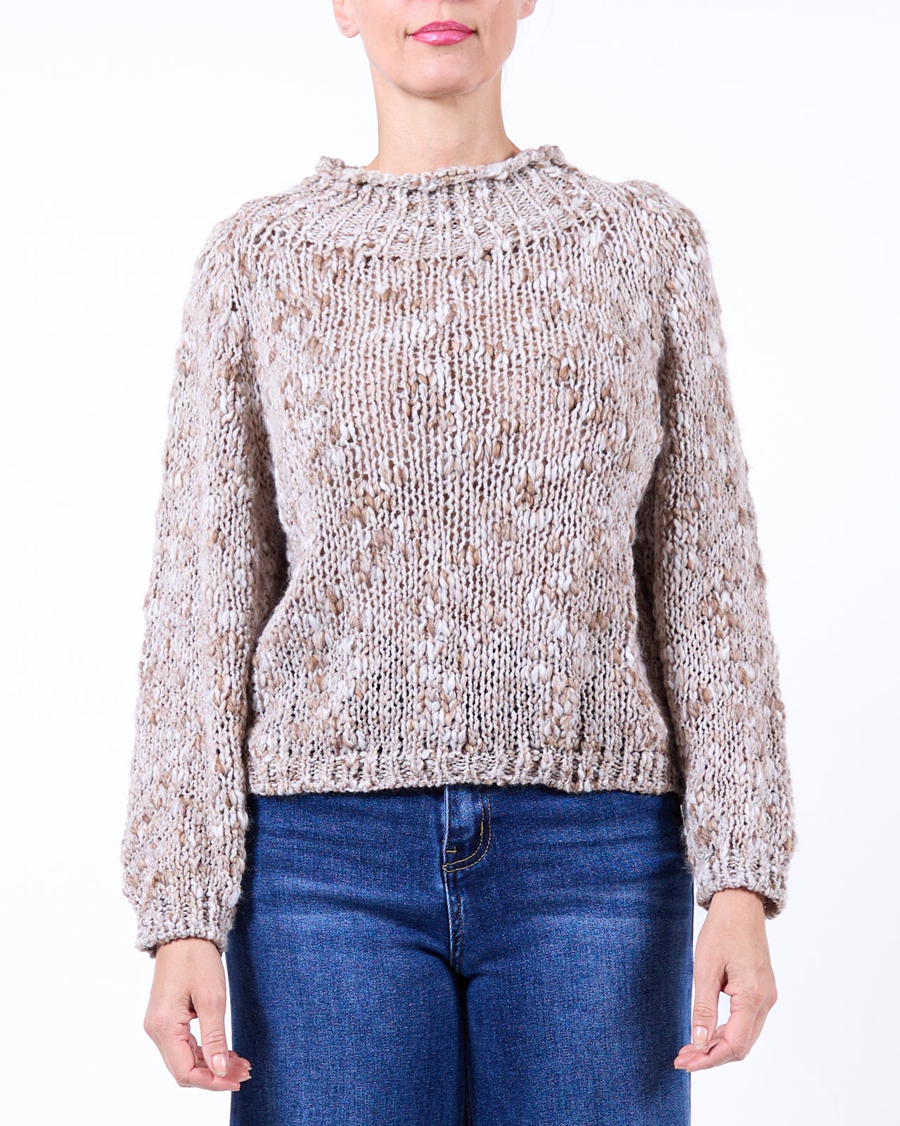 Chandail Beige à Col Montant en Chenille, Tricot Épais