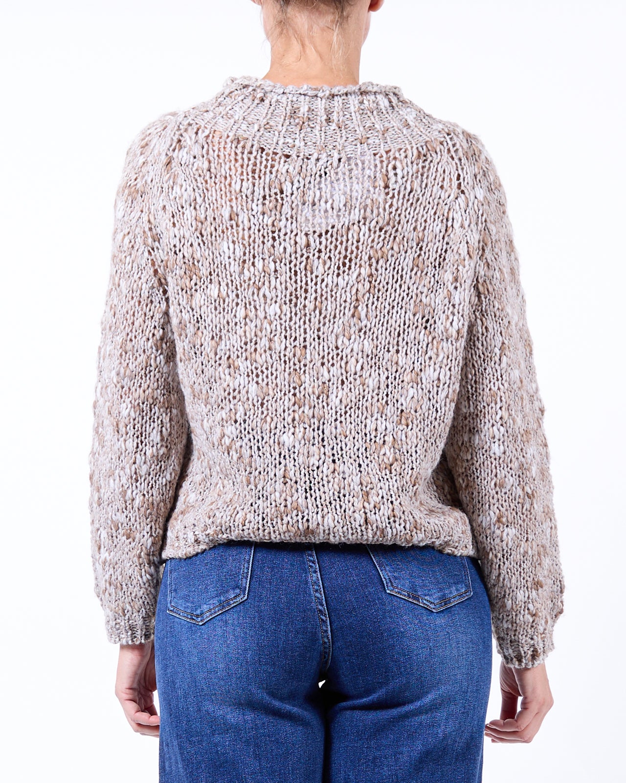 Chandail Beige à Col Montant en Chenille, Tricot Épais