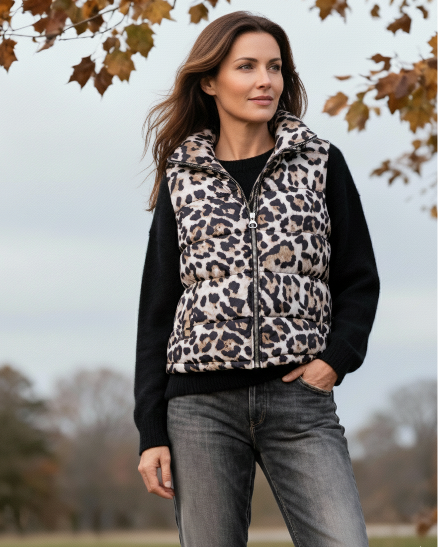 Veste sans manches camel à fermeture éclair et motif animalier