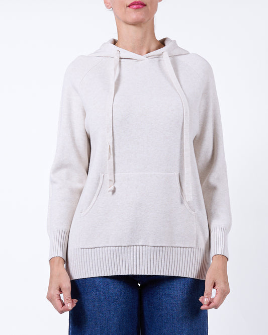 Pull Beige à Capuchon, Cordon de Serrage, Poche Kangourou, Manches Longues et Bord Côtelé