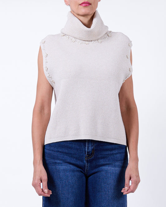Ivory Waffle Cowl Neck Embelleshed Detail Trim Vest