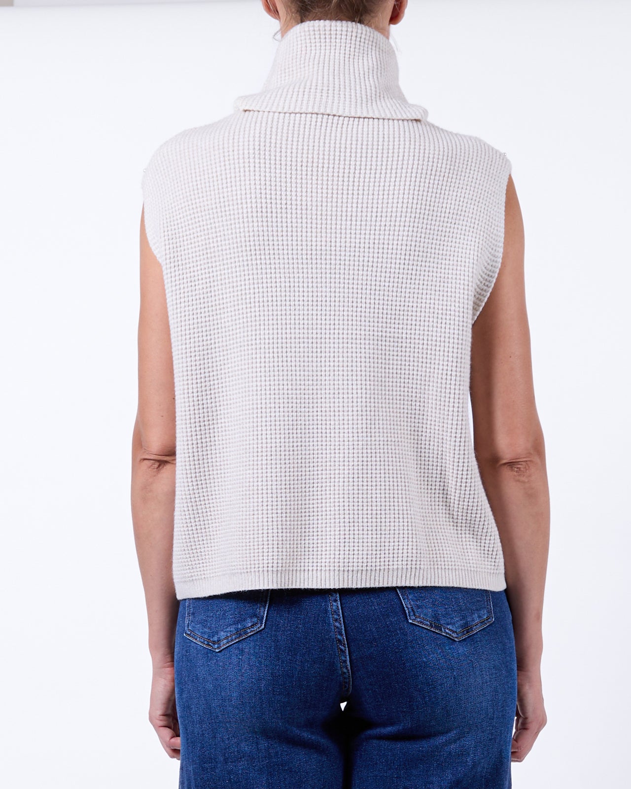 Ivory Waffle Cowl Neck Embelleshed Detail Trim Vest