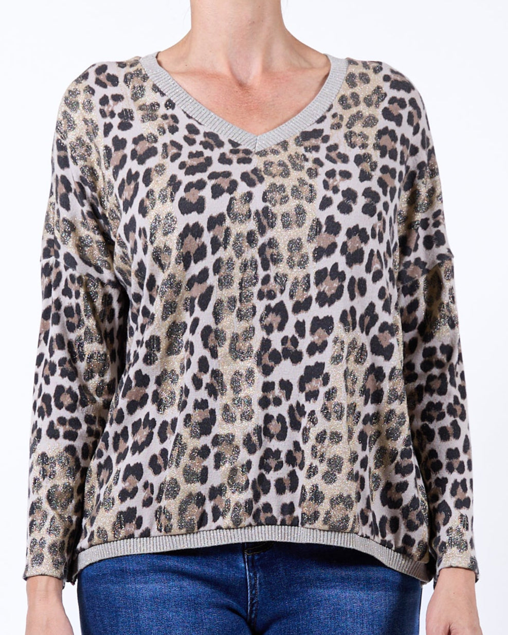 Taupe Chandail à épaules tombantes avec encolure en V et ourlet pailleté motif guépard