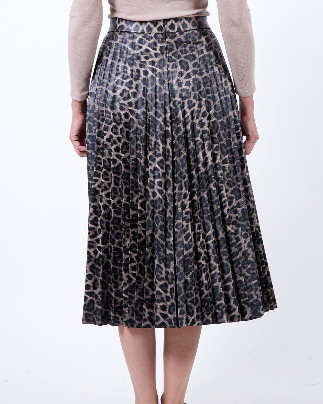 Jupe taupe plissée en similicuir animalier à enfiler