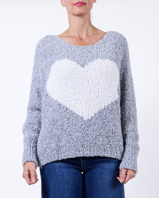 Grey Scoop Neck Big Heart Chenille Sweater
