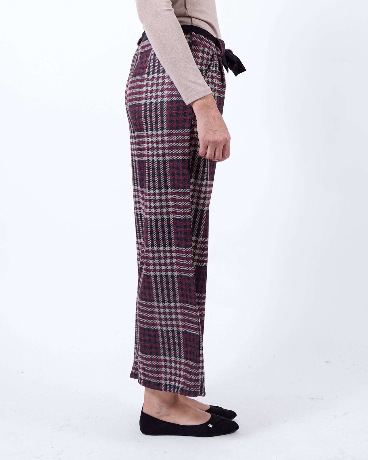 Pantalon à Enfiler à Carreaux avec Ceinture Bordeaux