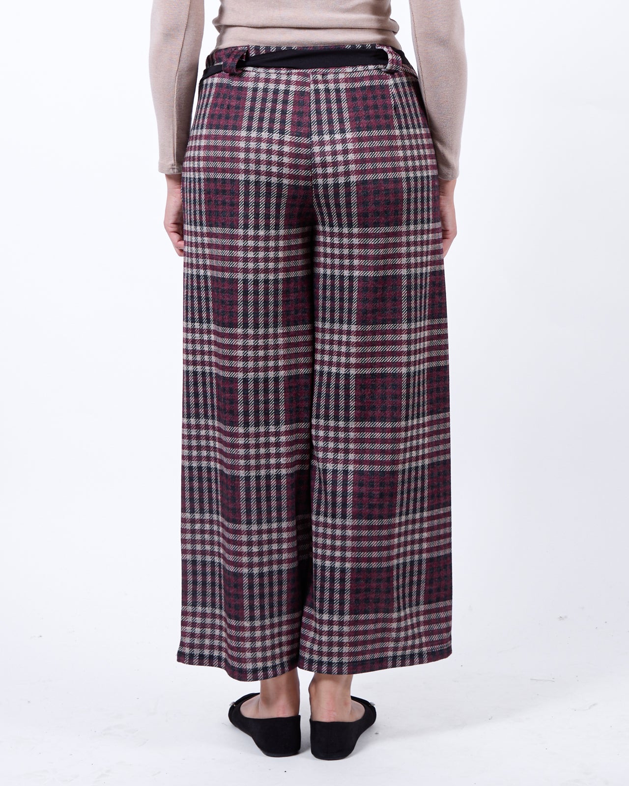 Pantalon à Enfiler à Carreaux avec Ceinture Bordeaux