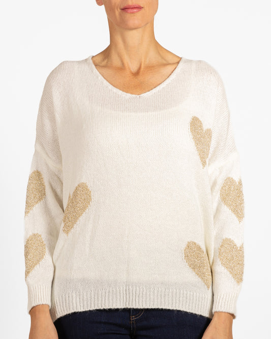 Snow V Neck Drop Shoulder Multi Gold Heart Sweater