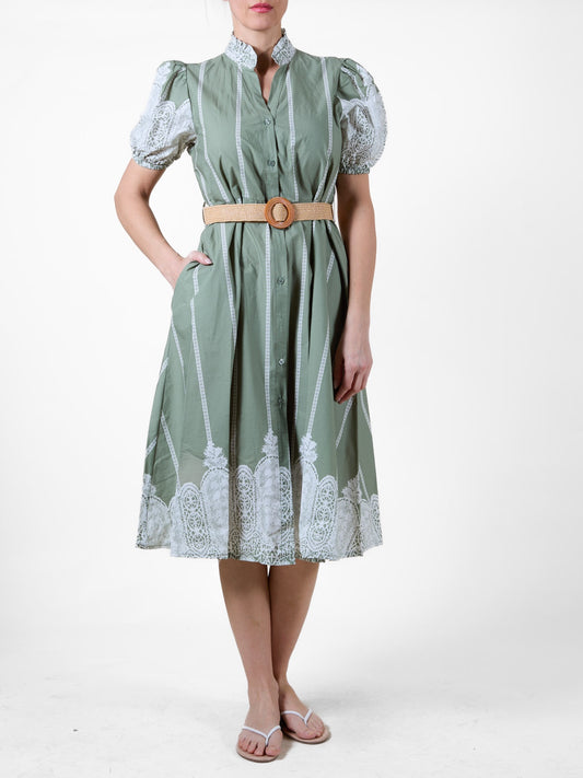 Palm Button-Down Midi Shirt Dress with Woven Belt