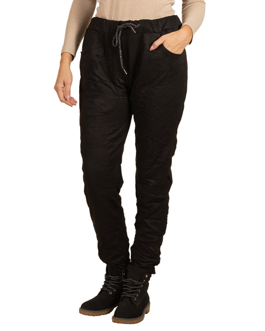 Black Pull On Drawstring Crushed Velour Pant