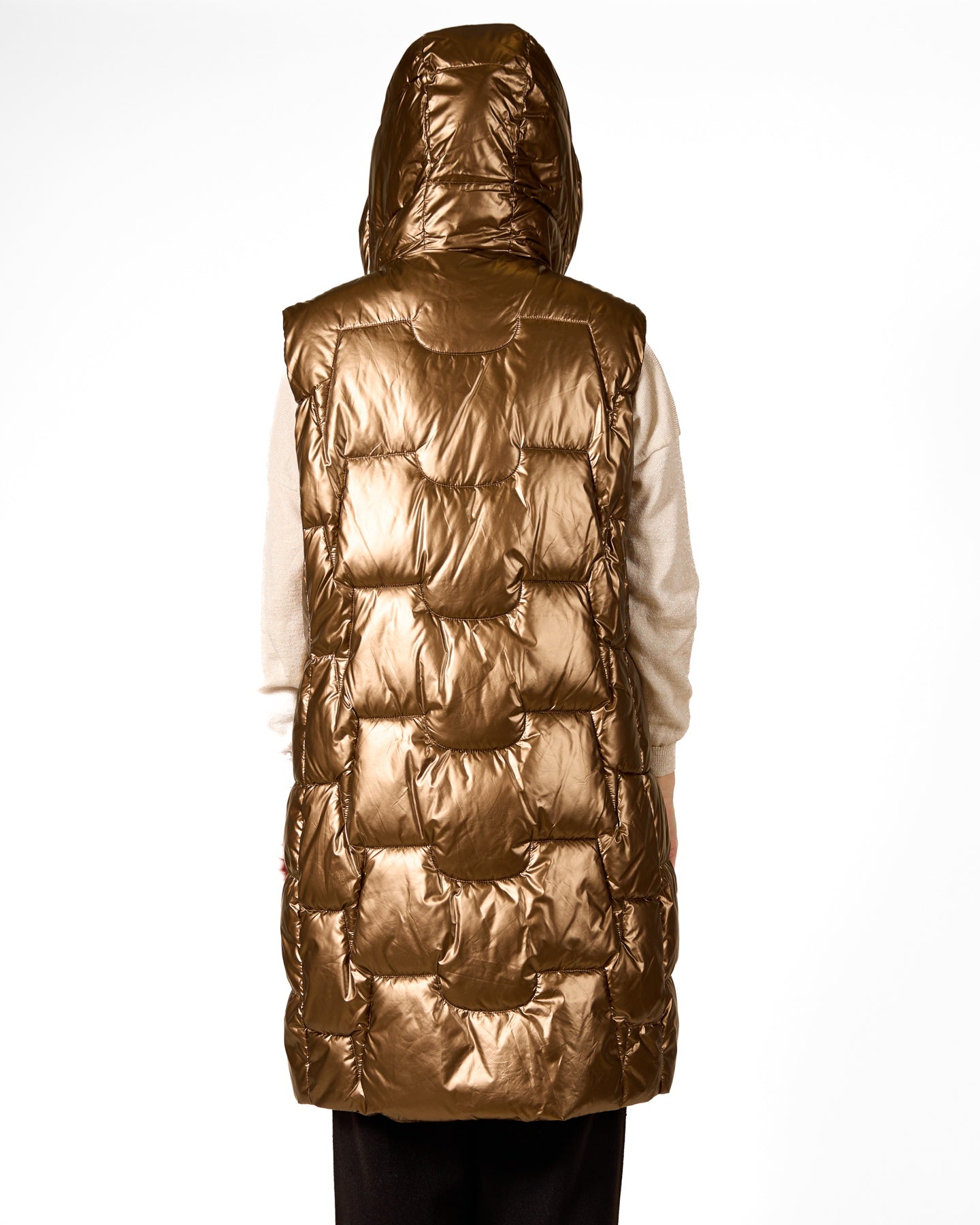 Bronze Hooded Metallic Vest with Oversized Zipper Pockets