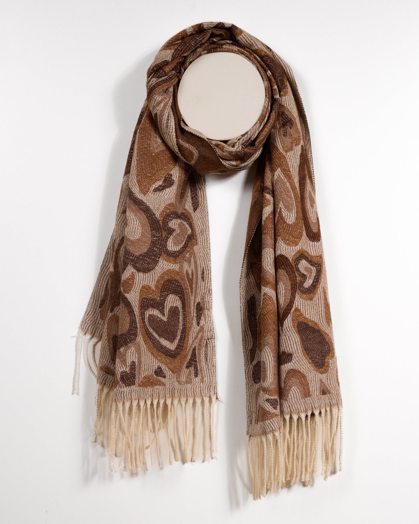 Warm Brown Scarf with Delicate Heart Design and Soft Stripe Accents