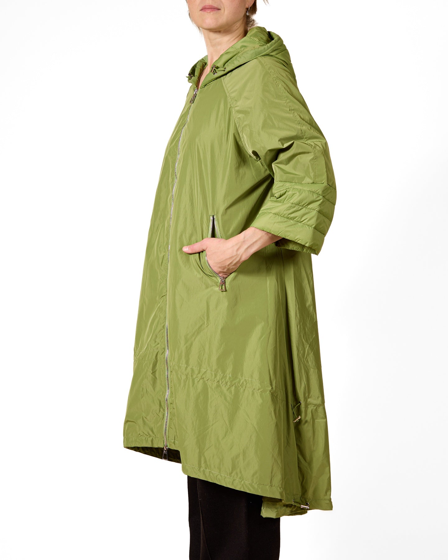 Chartreuse High-Low Hem Zippered Jacket with 3/4 Sleeves and Pockets