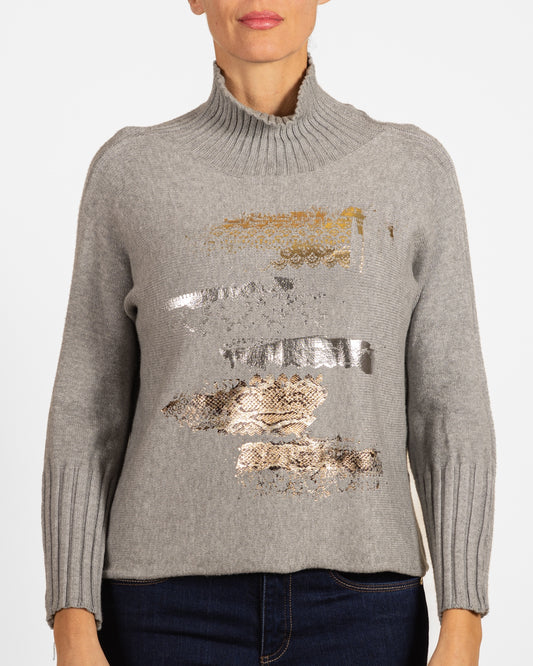 Grey Turtleneck 2 Tone Foil Doily Print Pullover