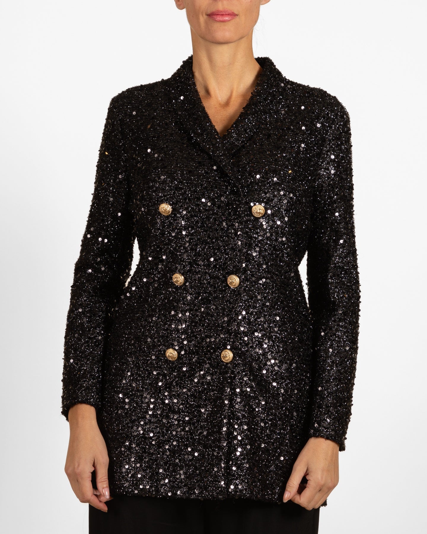 Black Double Breasted Sequin Jacket w/ Gold Buttons