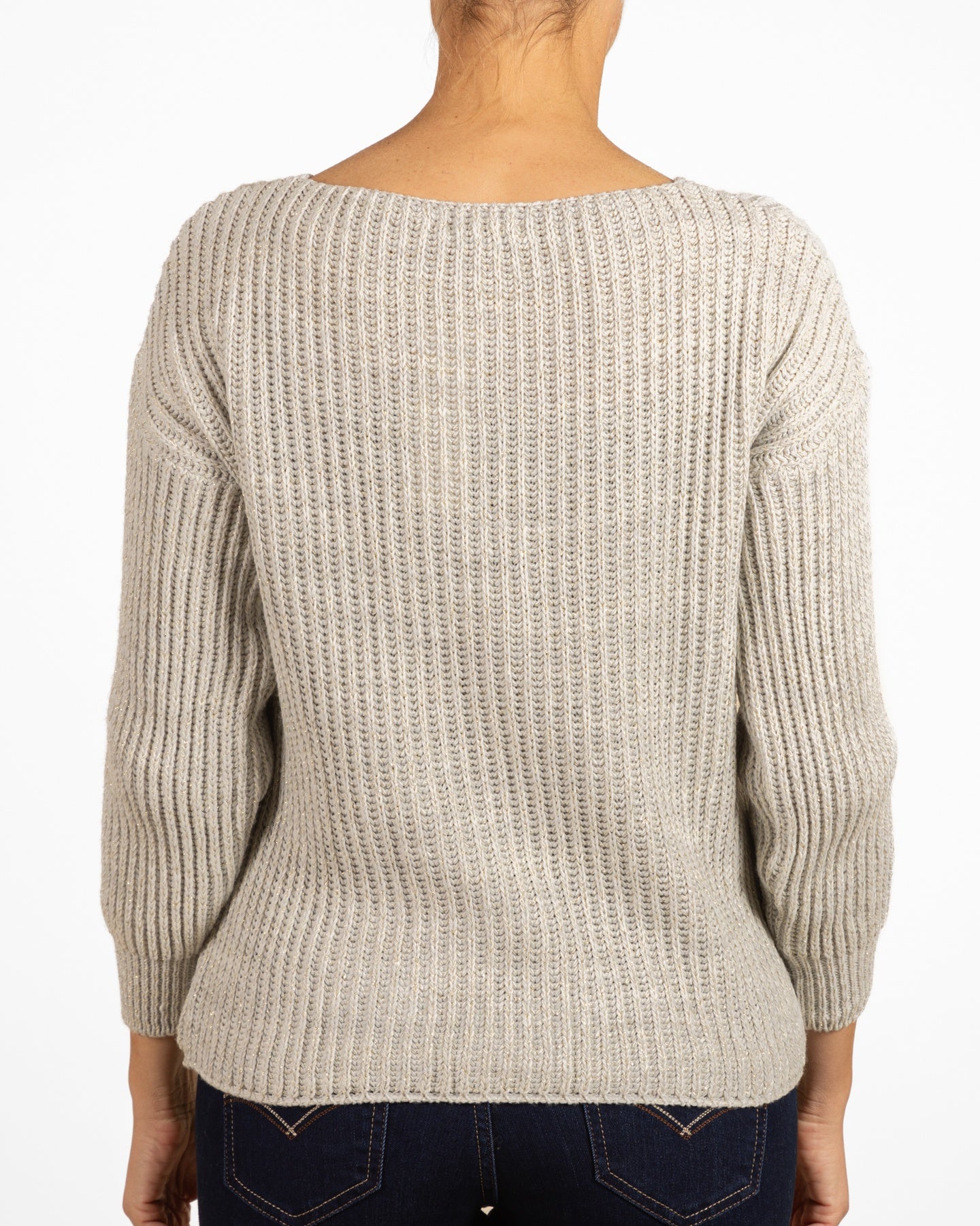 Oatmeal V Neck Drop Shoulder Gold Foil Splash Front Sweater