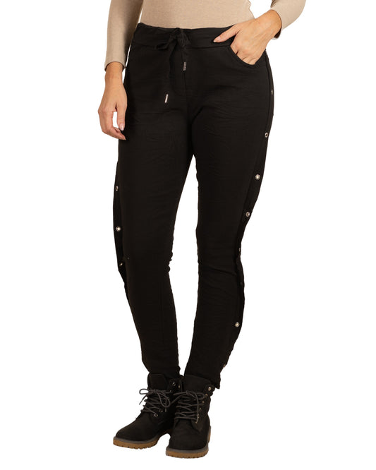 Black Pull On Drawstring Rivet Side Leg Detail Pant