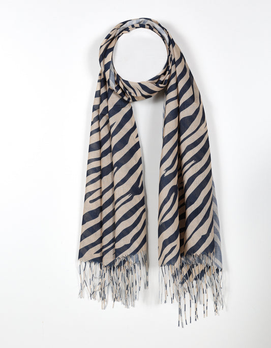 Camel Zebra Print Scarf with Fringed Ends