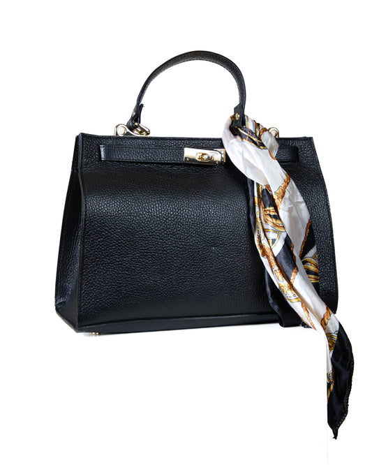 Black Leather Handbag with Scarf-Wrapped Handle