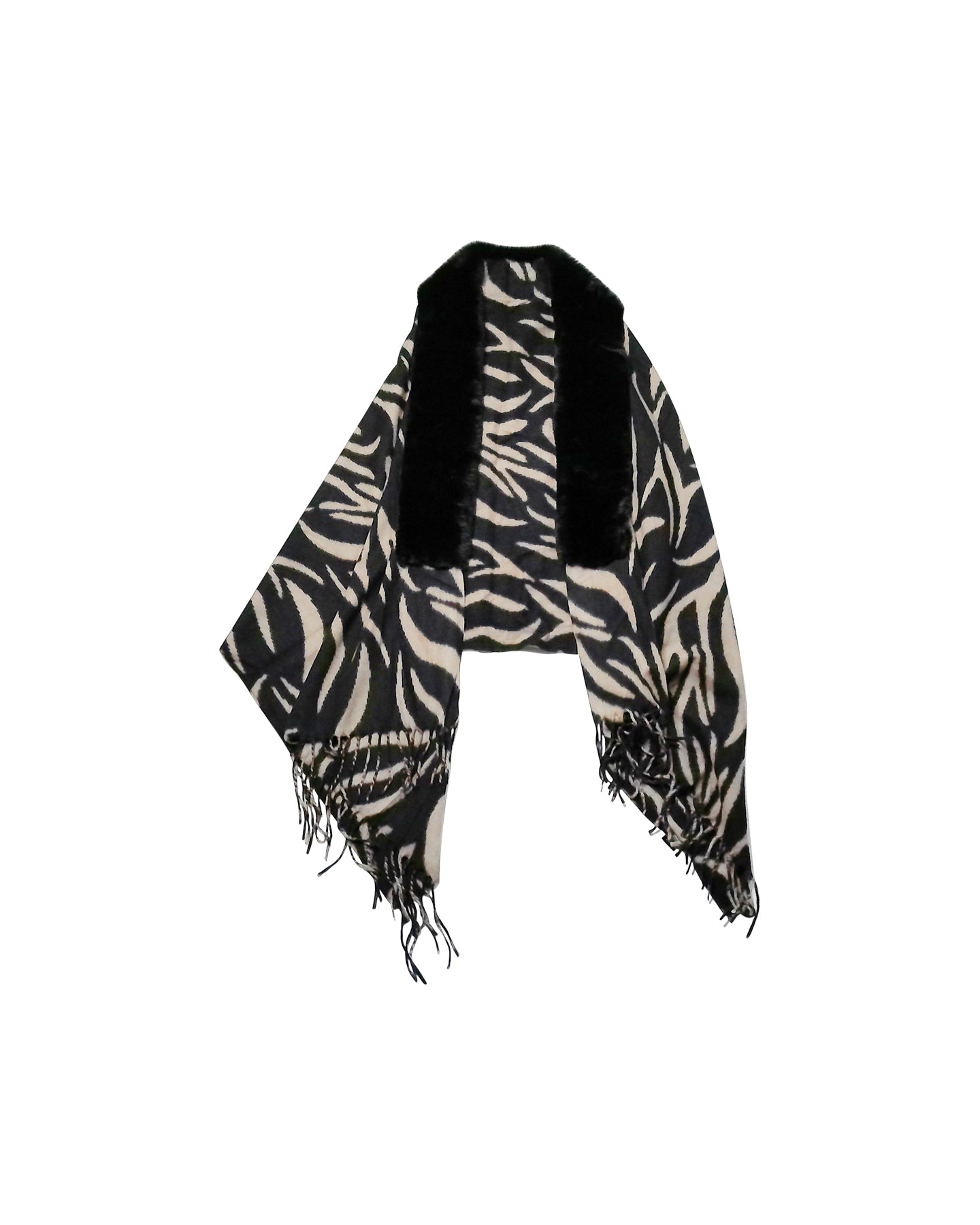 Zebra Pattern Taupe Faux Fur-Trimmed Scarf