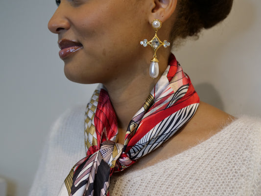 Women’s Gold-Tone Baroque Pearl and Crystal Cross Drop Earrings