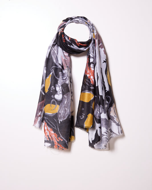 Black Chunky Charcoal Stick Floral Scarf