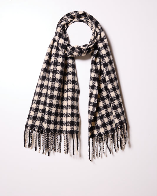 Black Houndstooth Print Scarf with Fringe
