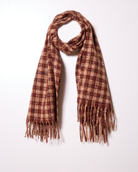 Taupe Plaid Gold Stripe Fringe Scarf