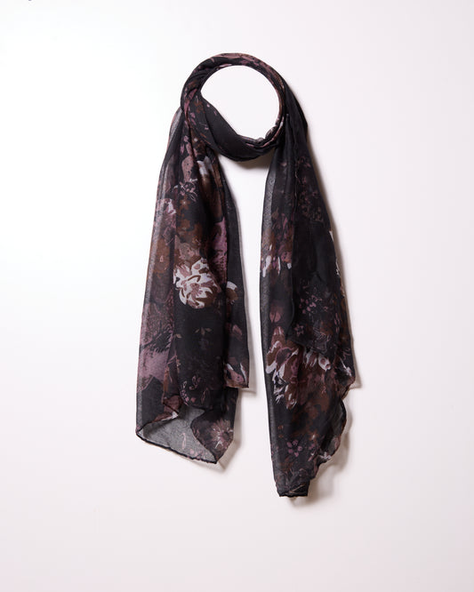 Black Vintage Style Rustic Floral Print Scarf