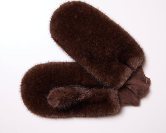 Brown Plush Furry Mittens with Cuffs