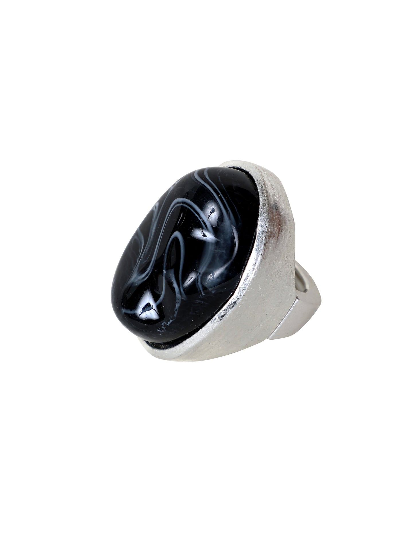 Bague imposante ornée d'une pierre tourbillonnante noire et argentée