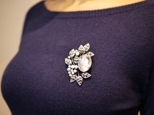 Silver-Tone Crystal Floral Leaf Brooch with Large Center Stone