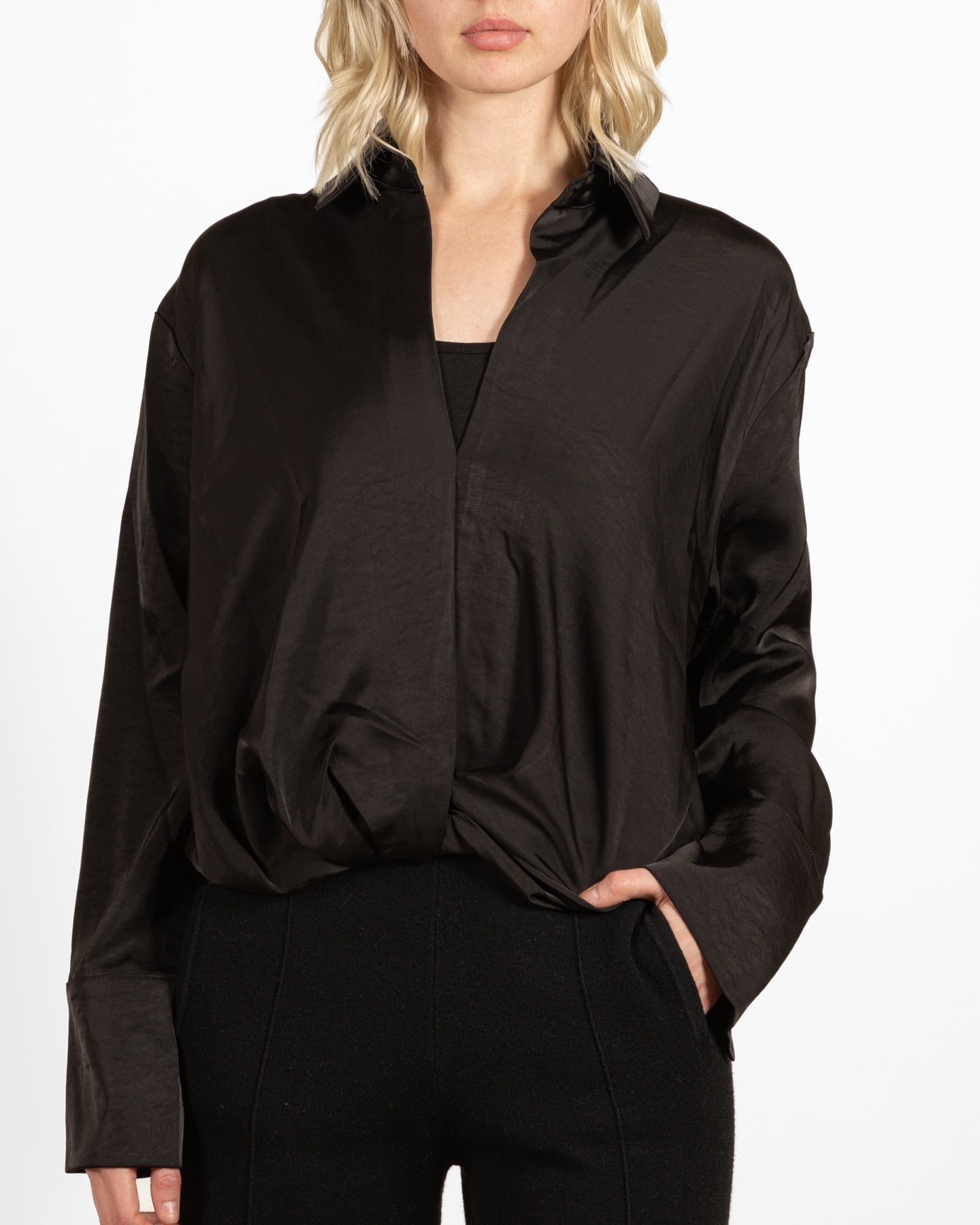 Black Wide Band Crisscross Open Front Blouse