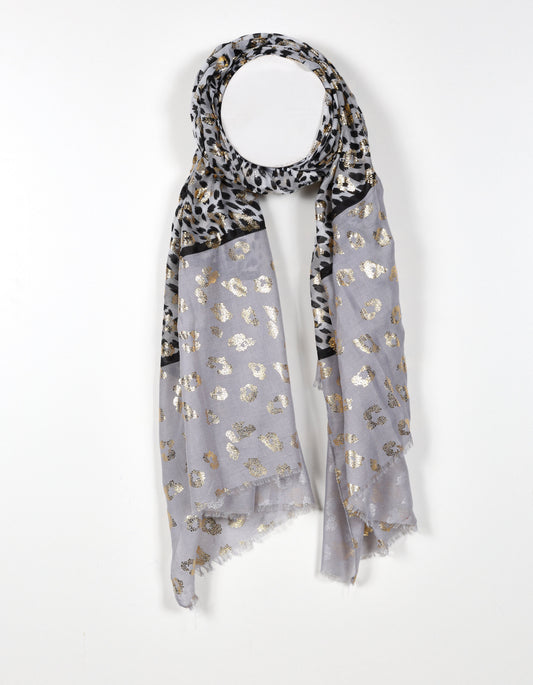Lightweight Cheetah Print Scarf with Gold Accents in Grey