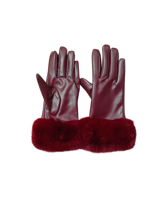 Wine Red Faux Leather Gloves with Faux Fur Trim