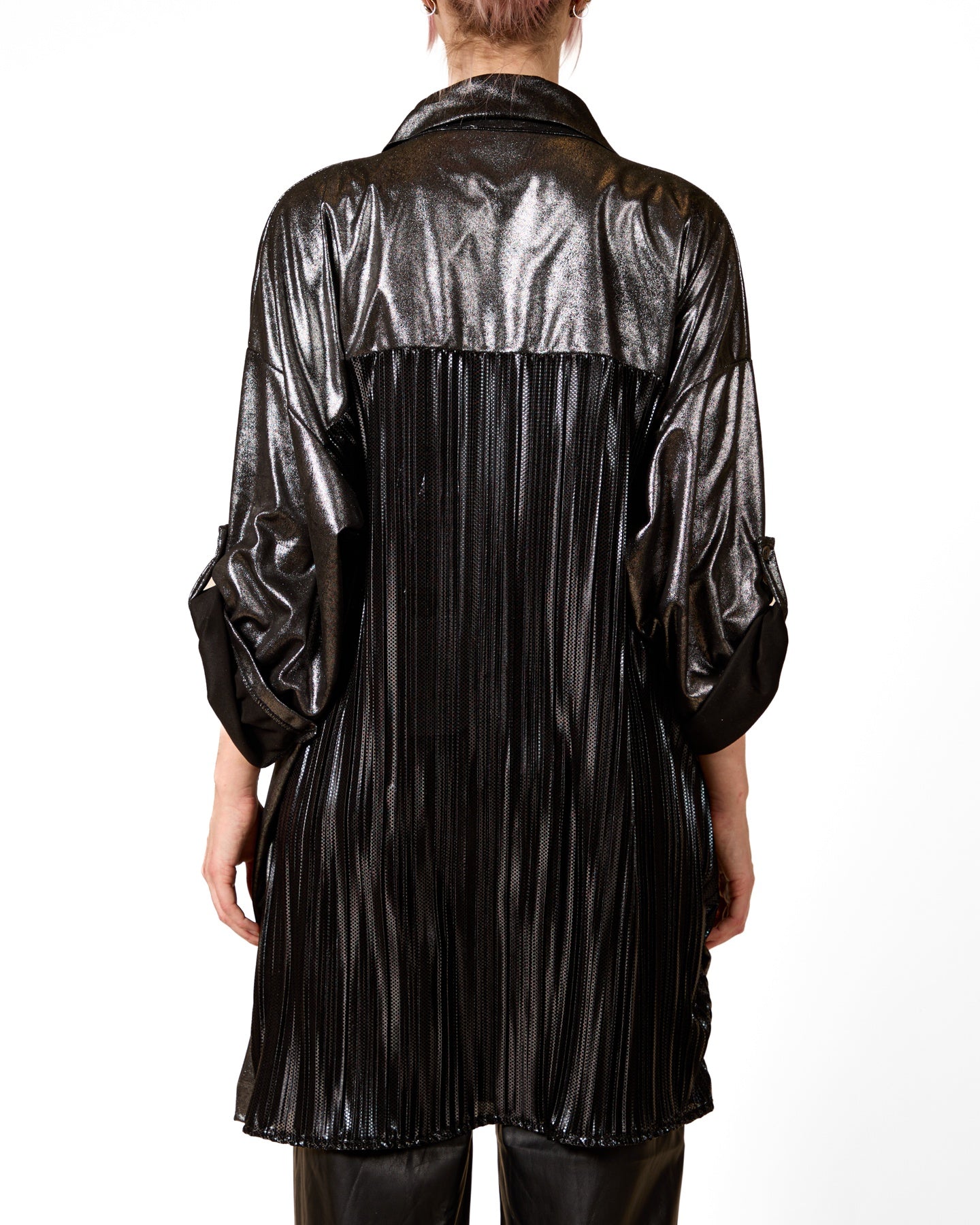 Black Button Front Roll Up Sleeve Foil Front Pleated Lamé Back Shirt