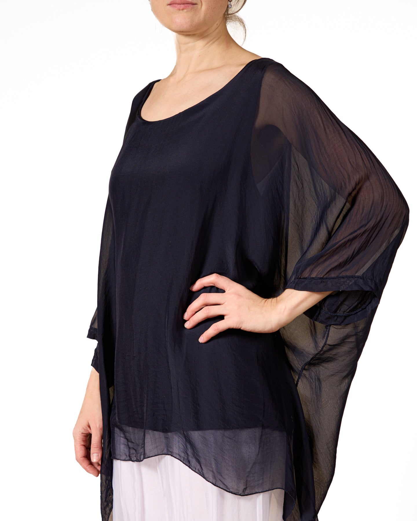 Midnight Boat Neck Drop Shoulder Silk Combo W/Lining Blouse