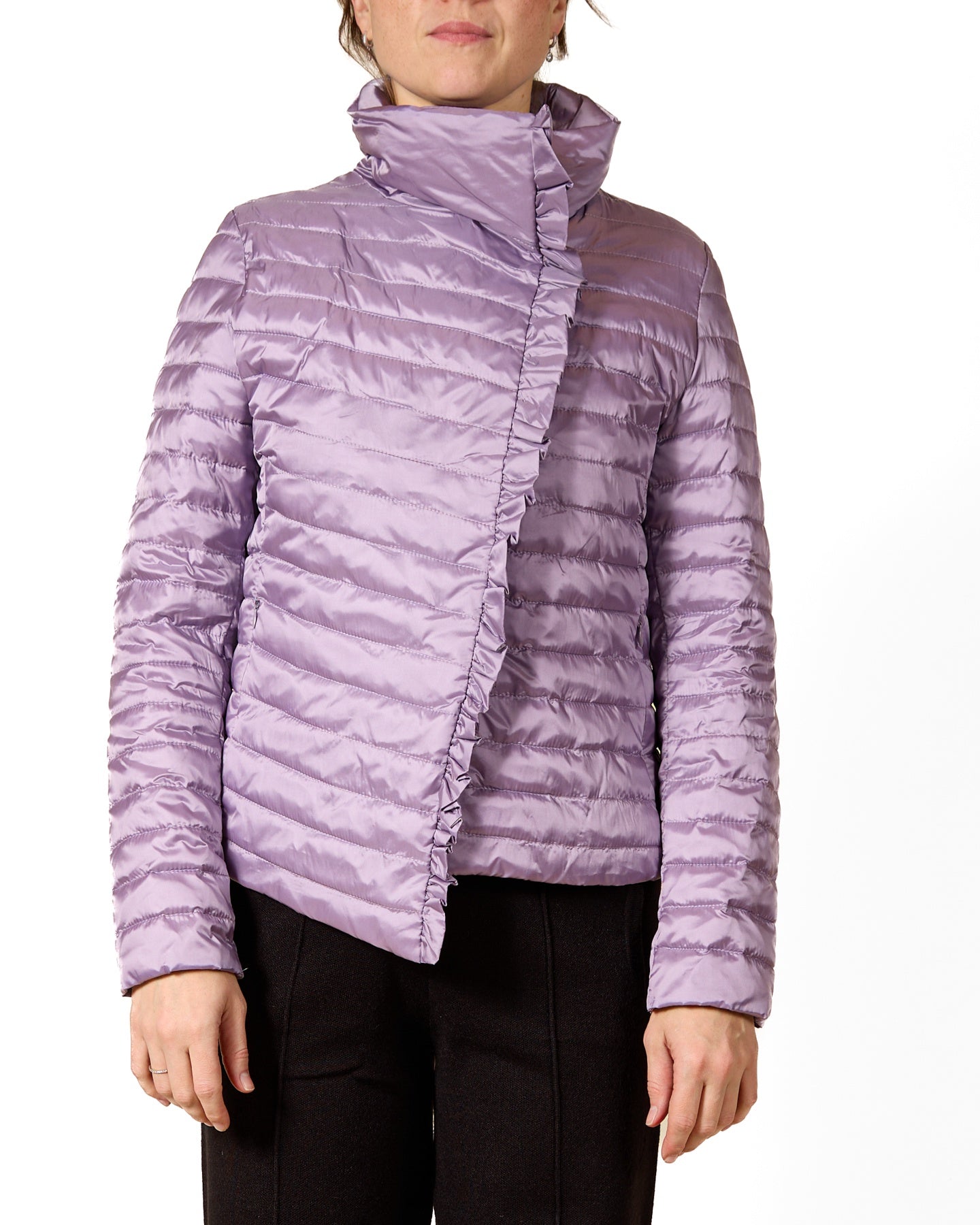 Lavender Asymmetrical Zip Quilted Jacket with Ruffle Accents