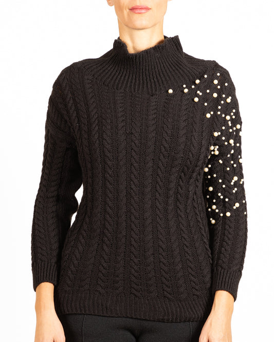 Black Hi Mock Neck Pearl Shoulder Detail Cableknit Sweater