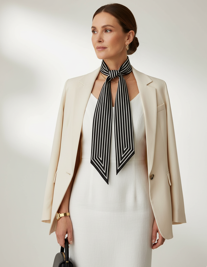 Black and White Striped 100% Silk Tie Scarf
