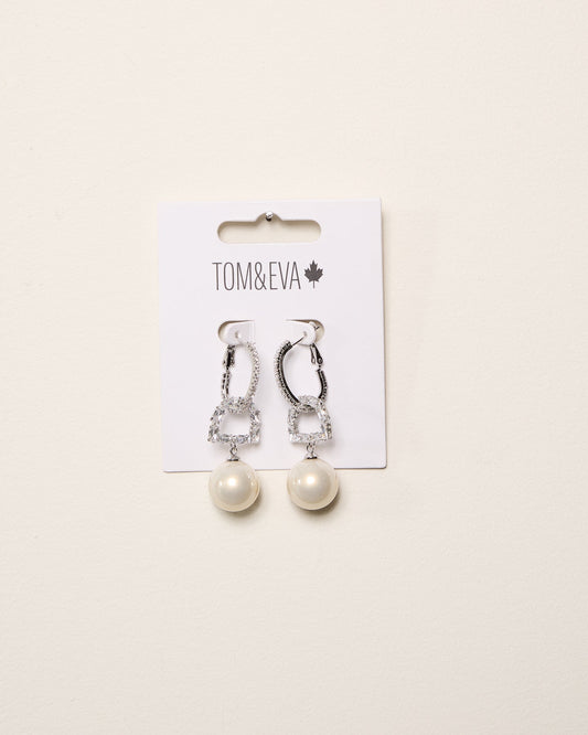 Silver Rhinestone Heart Interlocking Pearly Earrings