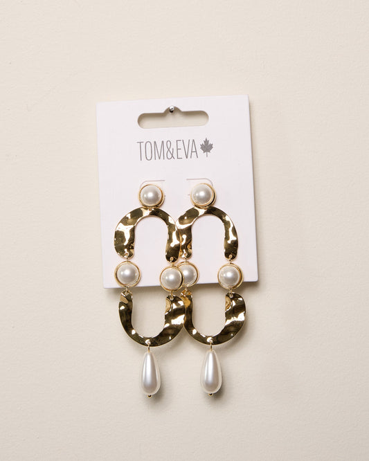 Gold Textured Metal and Pearly Teardrop Dangle Earrings