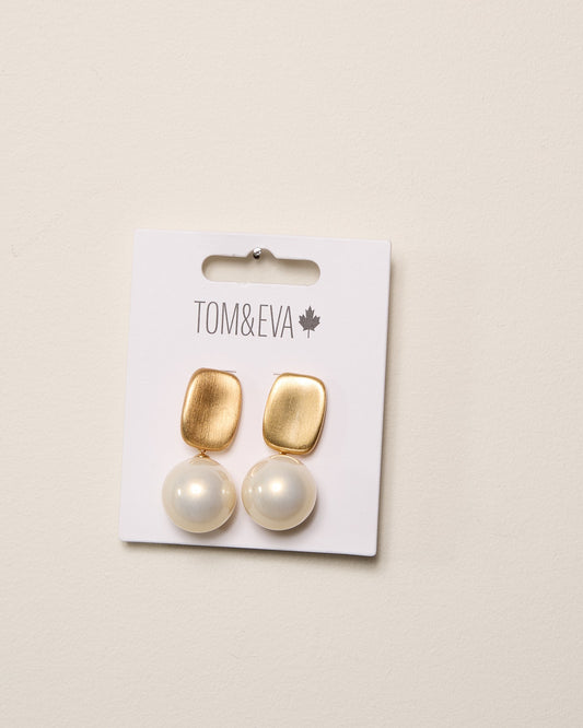 Gold Brushed Square with Large Pearly Balls Earring