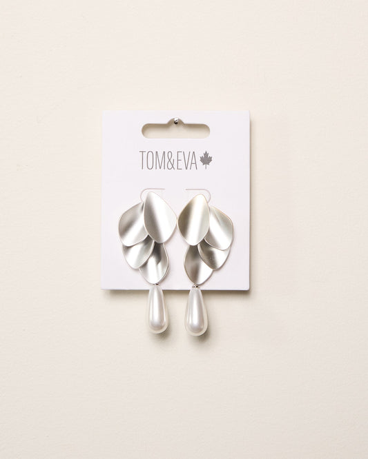 Silver Matte Stacked Scales and Teardrop Pearl Earring