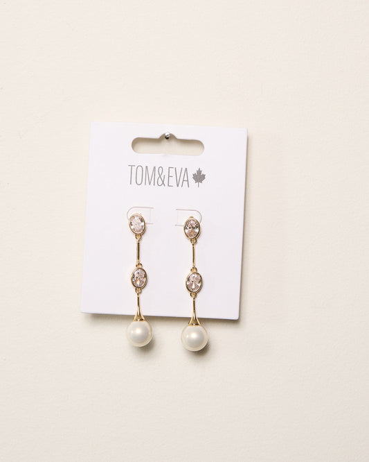 Gold Rhinestone and Pearl Ball Stacked Dangle Earring