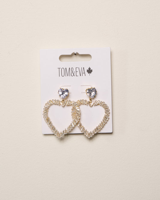 Gold Large Heart Dangle with Large Rhinestone Earring
