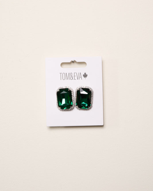 Green Large Gemstone with Diamond Border Earring