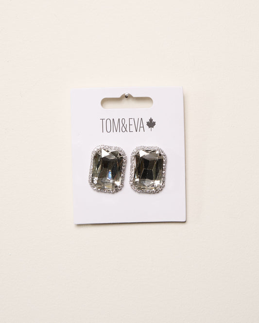 Silver Large Gemstone with Diamond Border Earring