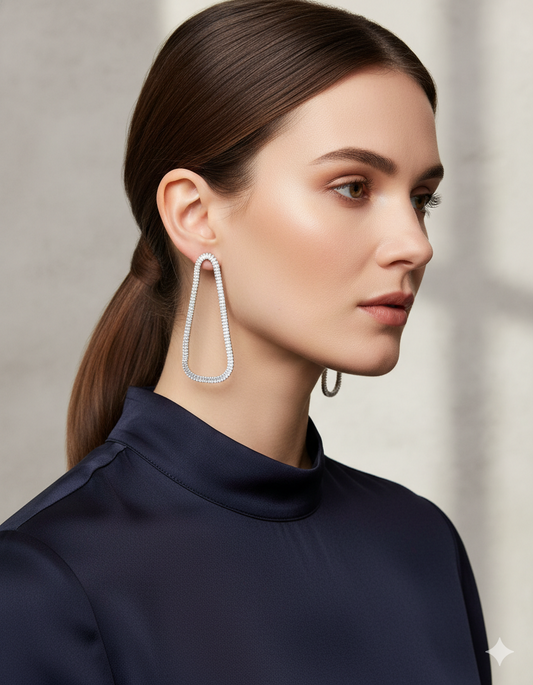 Boucles d’oreilles pendantes grandes ovales avec petite pierre argentées