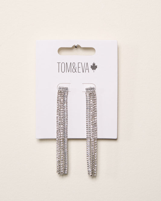 Boucles d’oreilles longues pendantes simples avec strass argentées